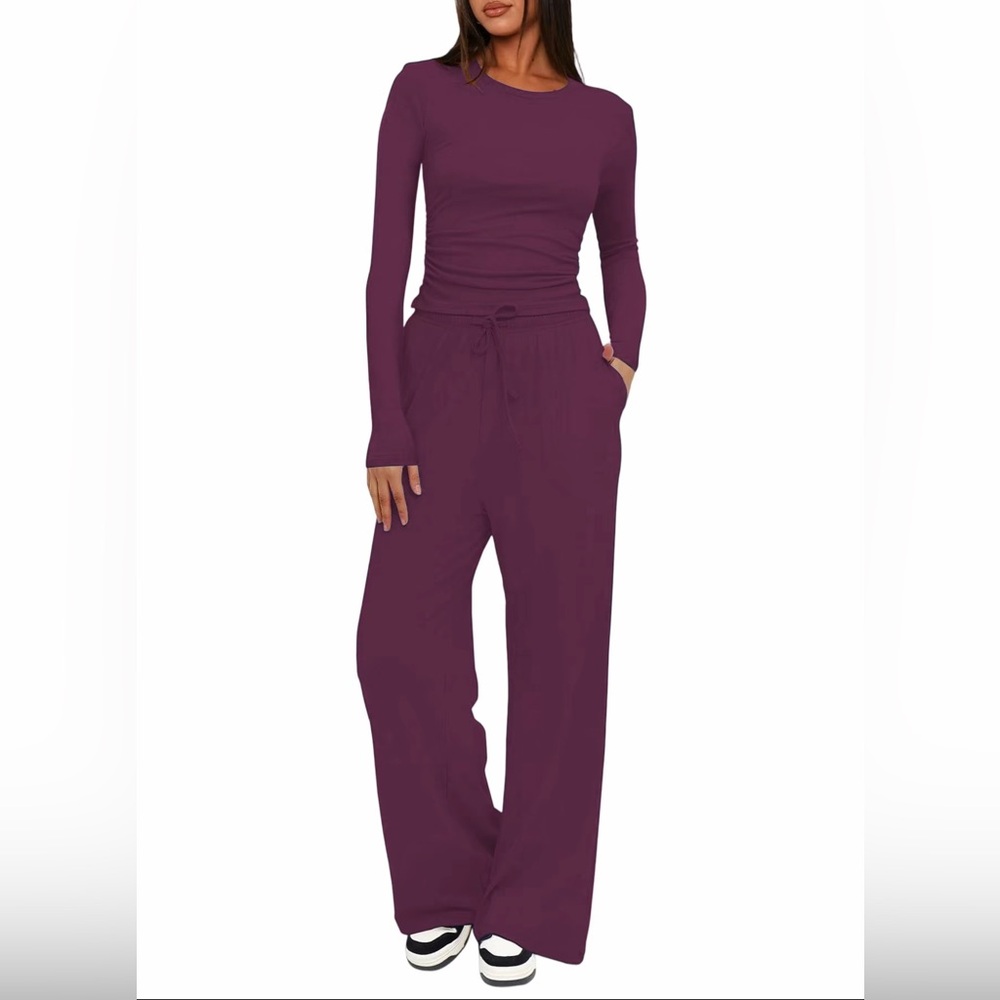 Rose Red Loungewear Set Rushed Top + High Waist Wide Leg Pants New Boutique - Picture 4 of 5